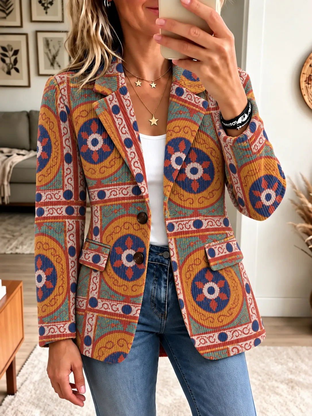 Women's Retro Multi-color Bohe Print Casual Corduroy Blazer