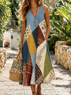 Women's Retro Hippie Floral Embroidered Patchwork Art V-neck Midi Tank Dress