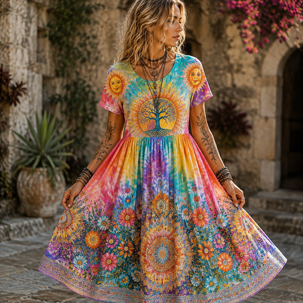 Women's Boho Tie-dye Maxi Dress - Tree Of Life, Sun And Vibrant Floral Mandala Print Flowy Dress