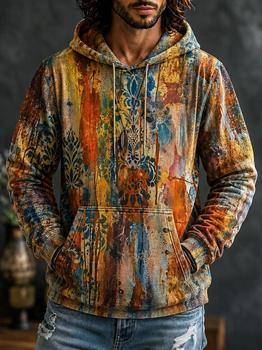 Men's Paint Drip Damask Floral Abstract Color Streaks Print Hoodies