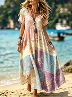 Women's Retro Floral Color Blocking Art Flowy Linen Blend Casual Long Sleeve Maxi Dress