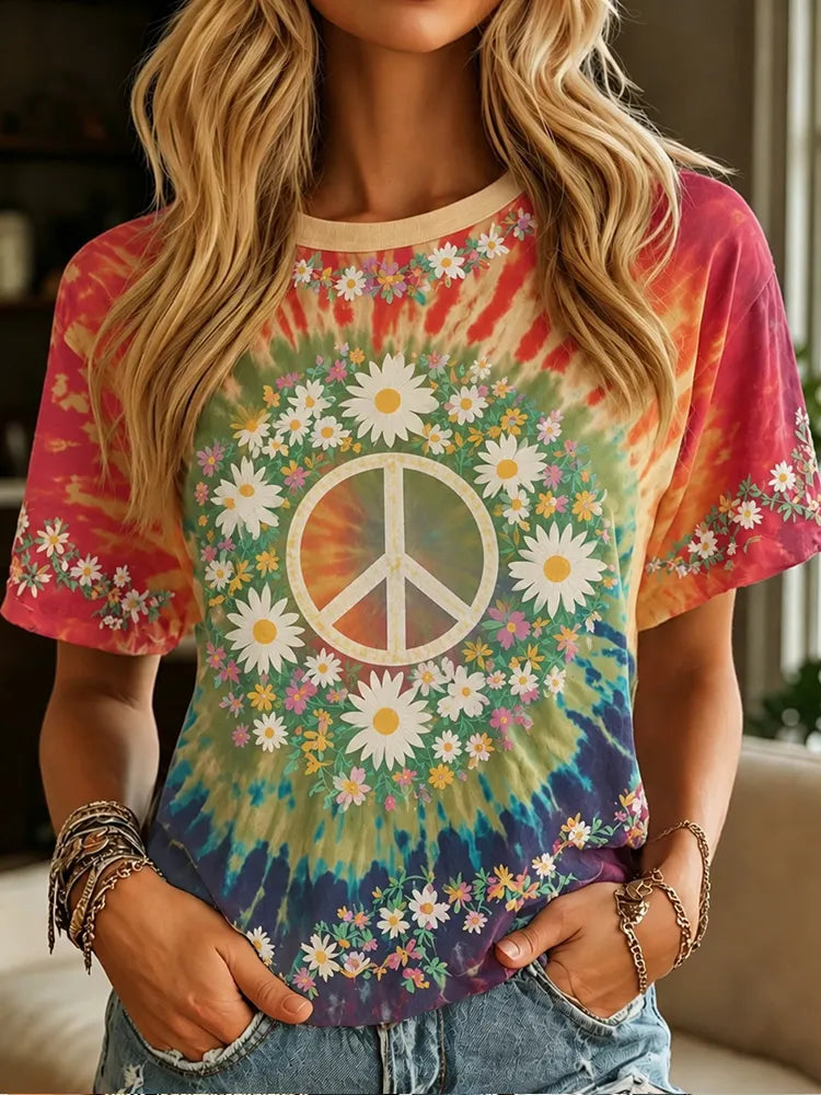 Women's Retro Tie-dye Peace Symbol Floral Pattern Casual T-shirt
