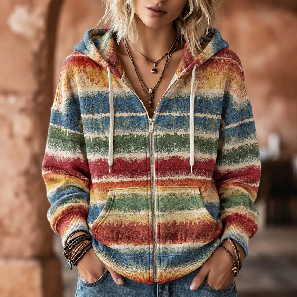 Women's Vintage Colorful Geometric Stripe Art Print Casual Zip-up Hoodie