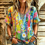 Women's Vintage Hippie Floral Graffiti Linen Blend Casual Tops