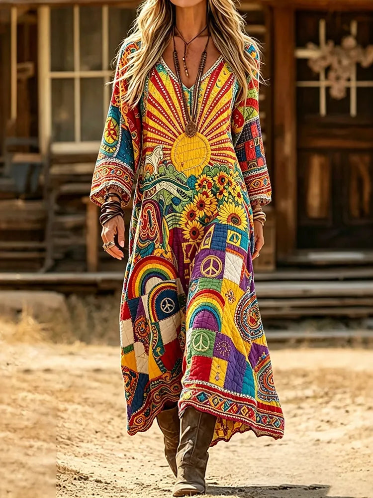 Women's Vintage Hippie Floral Art Print V Neck Maxi Dress