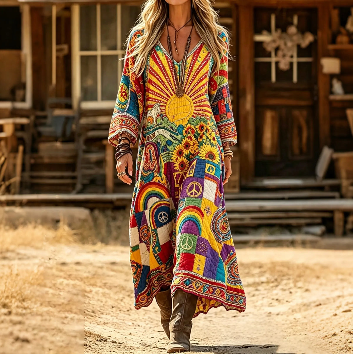 Women's Vintage Hippie Floral Art Print V Neck Maxi Dress
