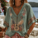 Women’s Boho V-neck Loose Top With Vintage Guitar And Floral Print
