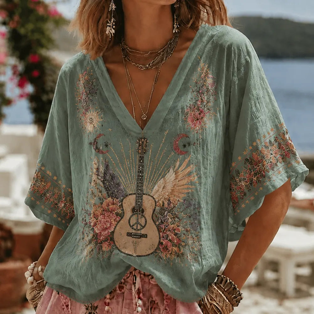Women’s Boho V-neck Loose Top With Vintage Guitar And Floral Print