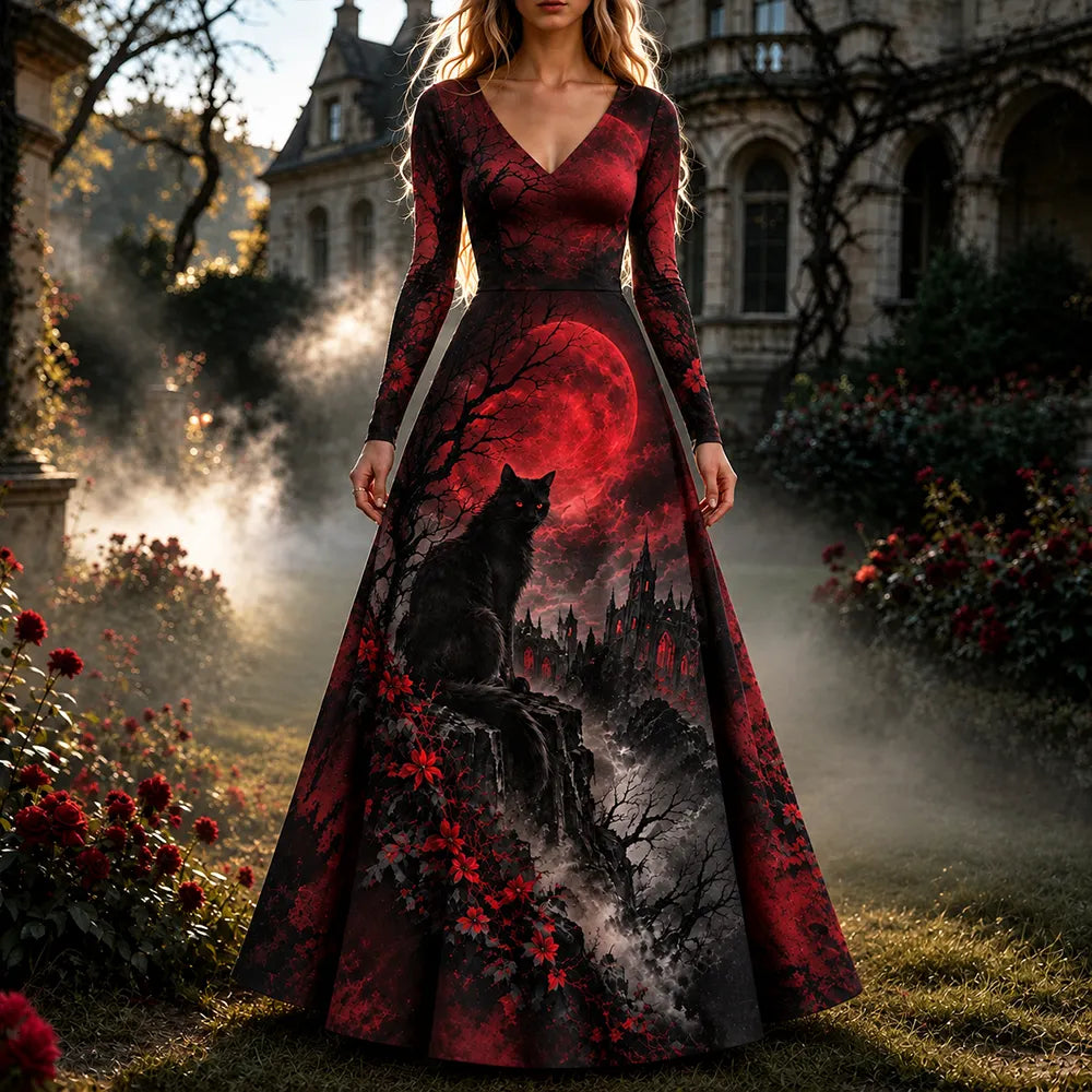 Women's Gothic Red Moon, Castle & Black Cat Long Sleeve Maxi Dress