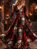 Women's Halloween Gothic Skull & Red Roses Long Sleeve Maxi Dress