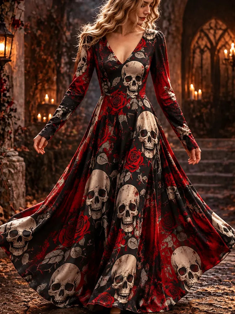 Women's Halloween Gothic Skull & Red Roses Long Sleeve Maxi Dress