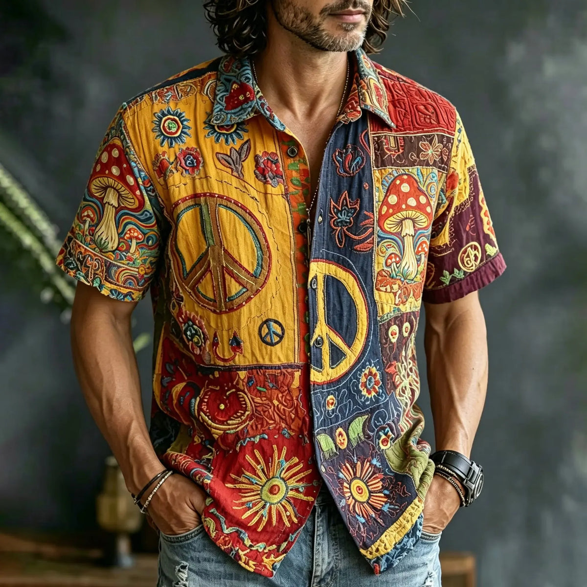 Men's Vintage Hippie Mushroom Peace Sign Patchwork Retro Print Short Sleeve Buttons Shirt