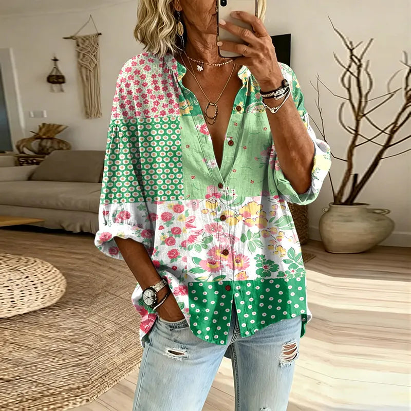 Women's Vintage Floral Patchwork Long-sleeve Button-up Shirt