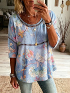 Women's Vintage Floral Art Print Flowy Linen Blend Linen Blend Three-quarter Sleeve Casual Tops
