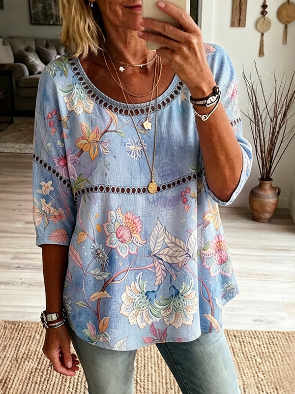 Women's Vintage Floral Art Print Flowy Linen Blend Linen Blend Three-quarter Sleeve Casual Tops