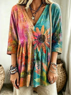Women's Vintage Boho Floral Art Linen Blend V-neck T-shirt