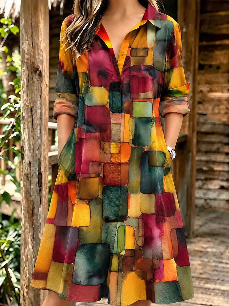 Women's Retro Geometric Art Print Long Sleeve Midi Shirt Dress