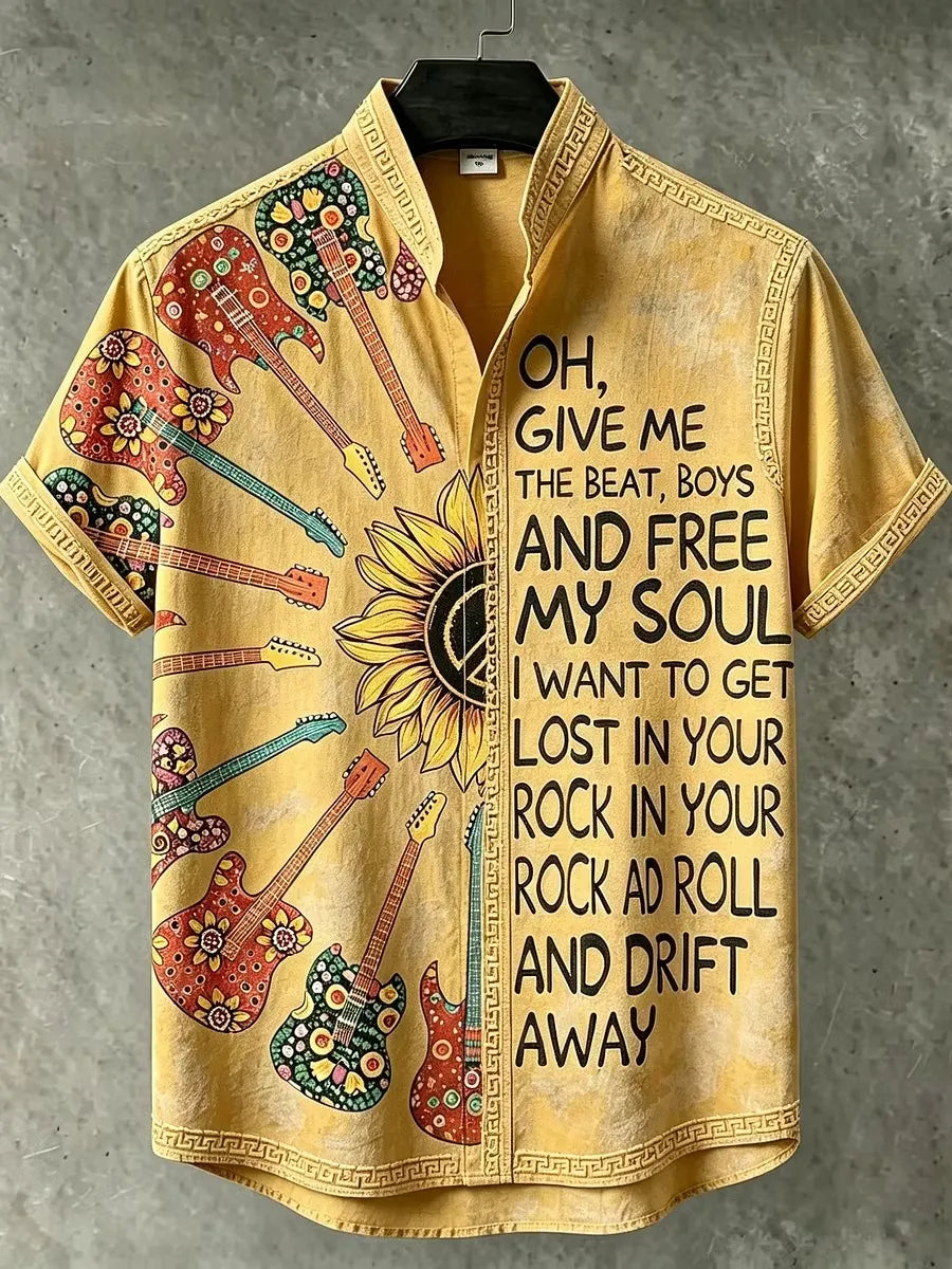 Men's Radial Floral‐covered Guitar Silhouettes Print Stand Collar Short Sleeve Shirt