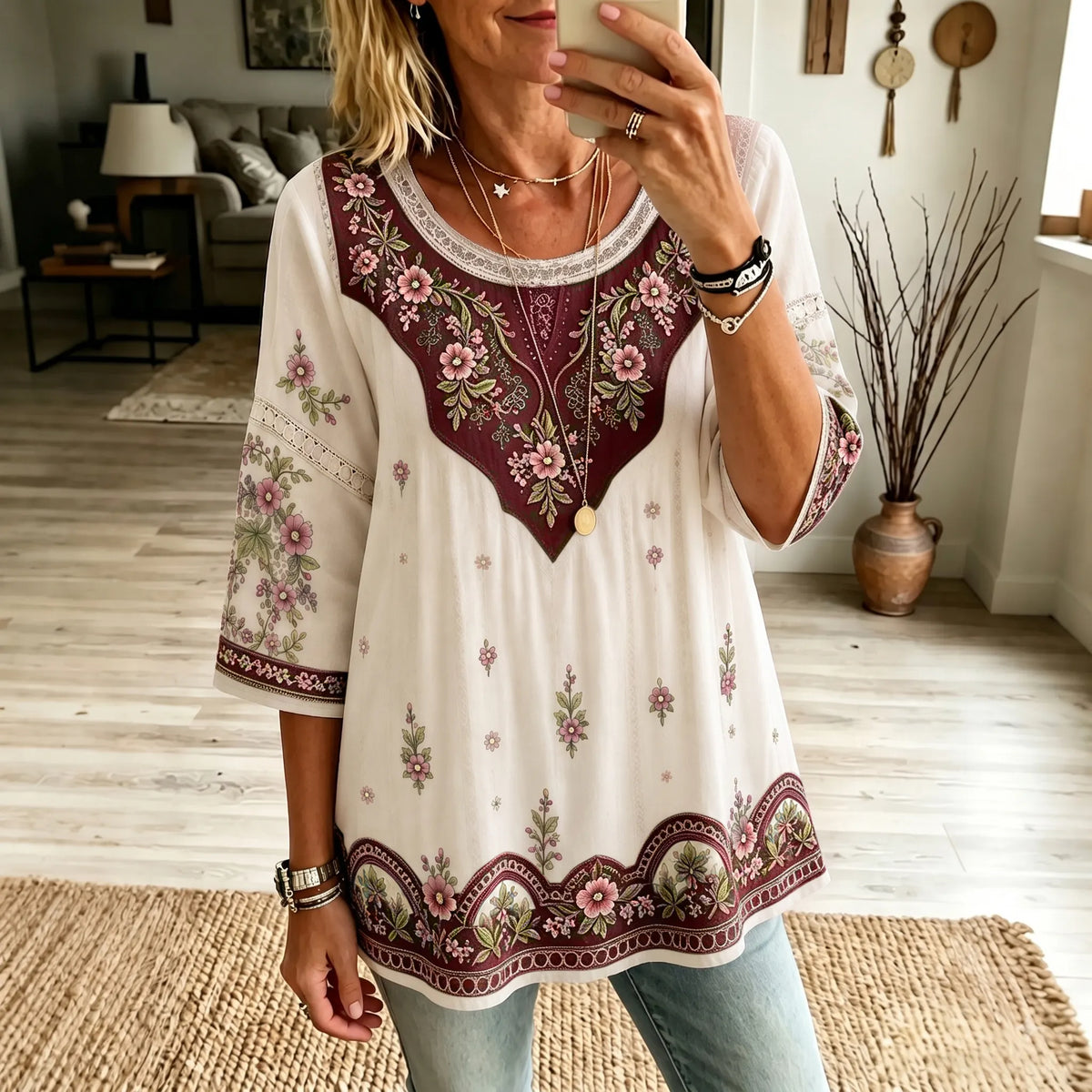 Women's Vintage Boho Floral Art Crew Neck Linen Blend T-shirt