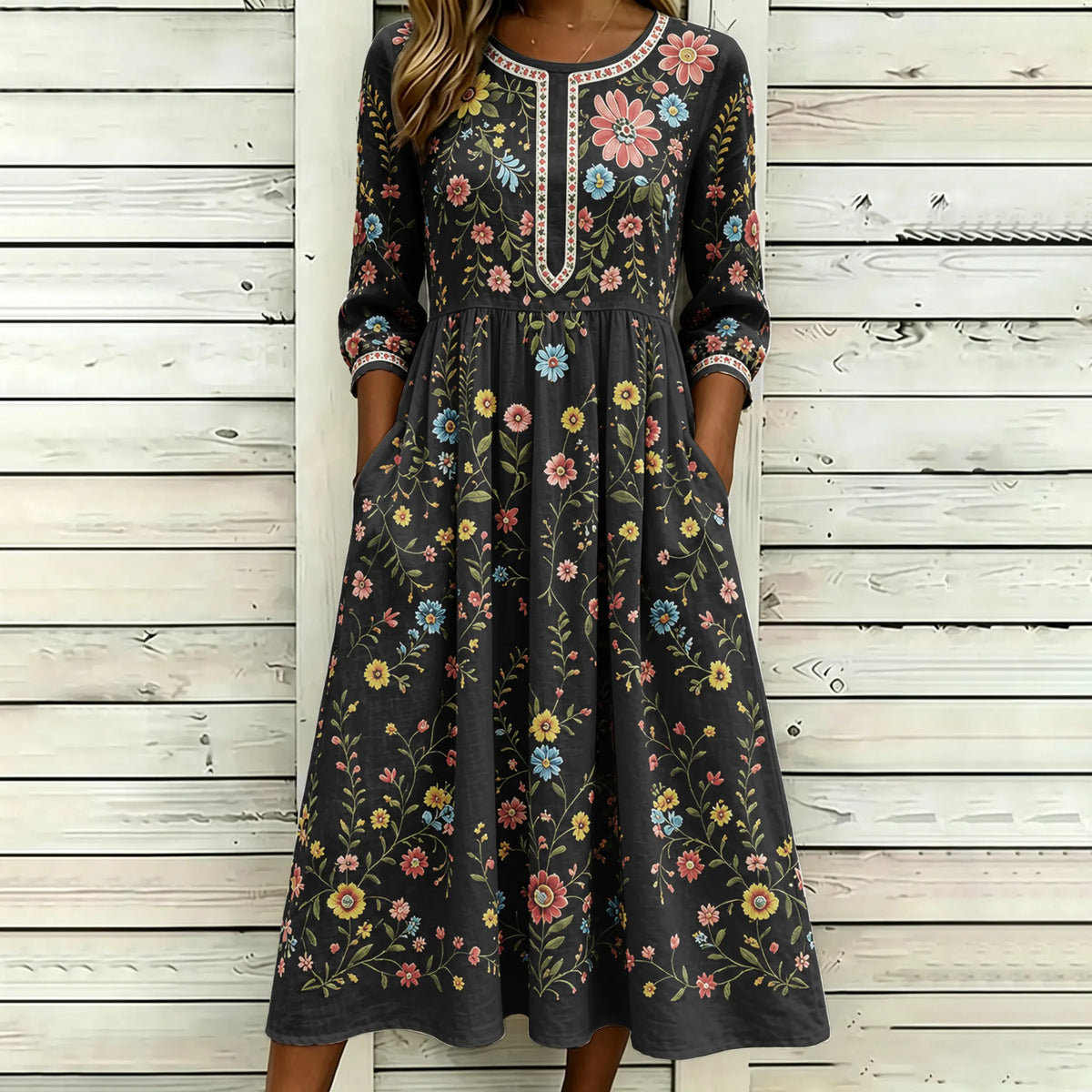 Women's Vintage Floral Pattern Art Embroidered Linen Blend Dress
