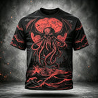 Men's Short Sleeve T-shirt Featuring Tentacled Skull Monster, Giant Moon, And Ocean Waves