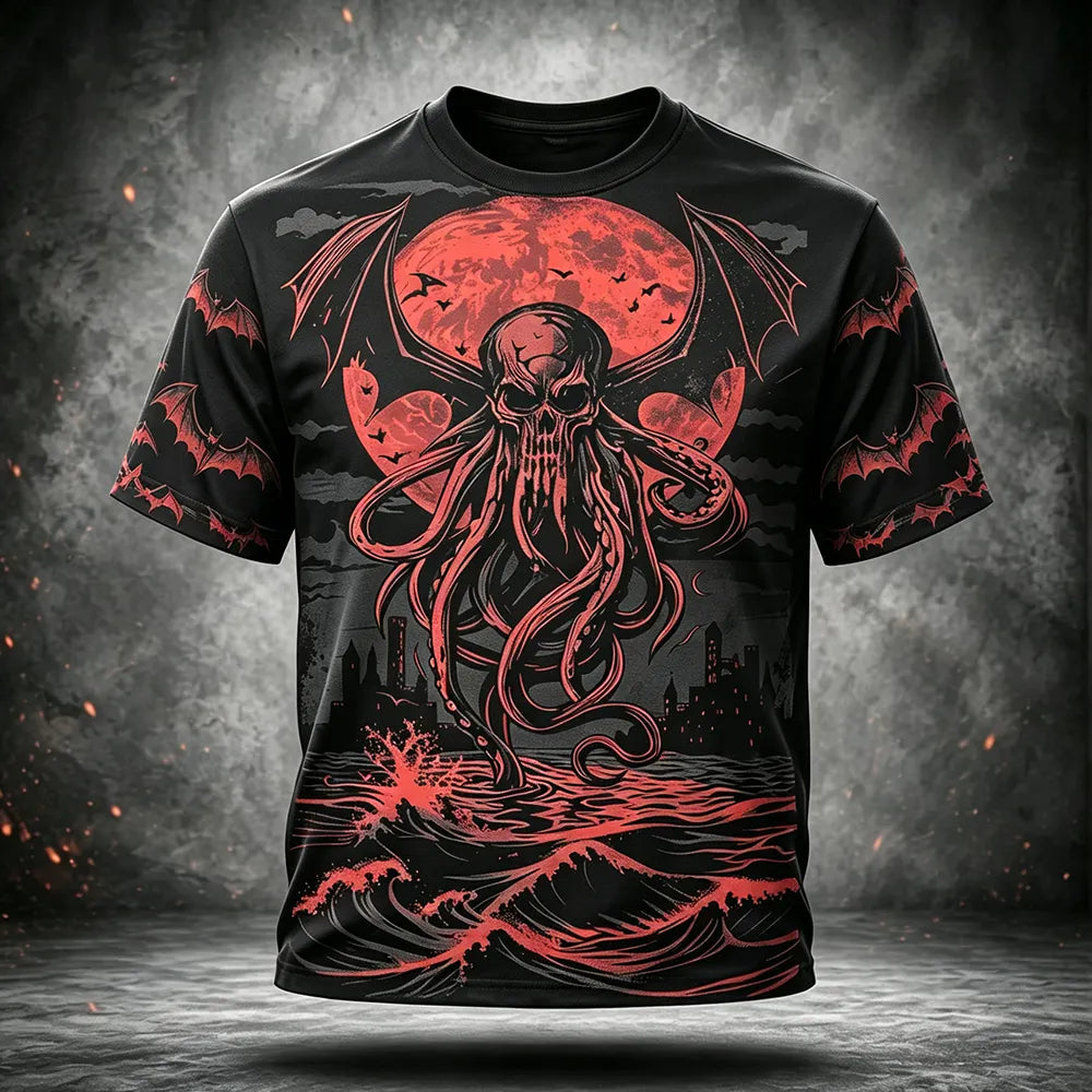 Men's Short Sleeve T-shirt Featuring Tentacled Skull Monster, Giant Moon, And Ocean Waves