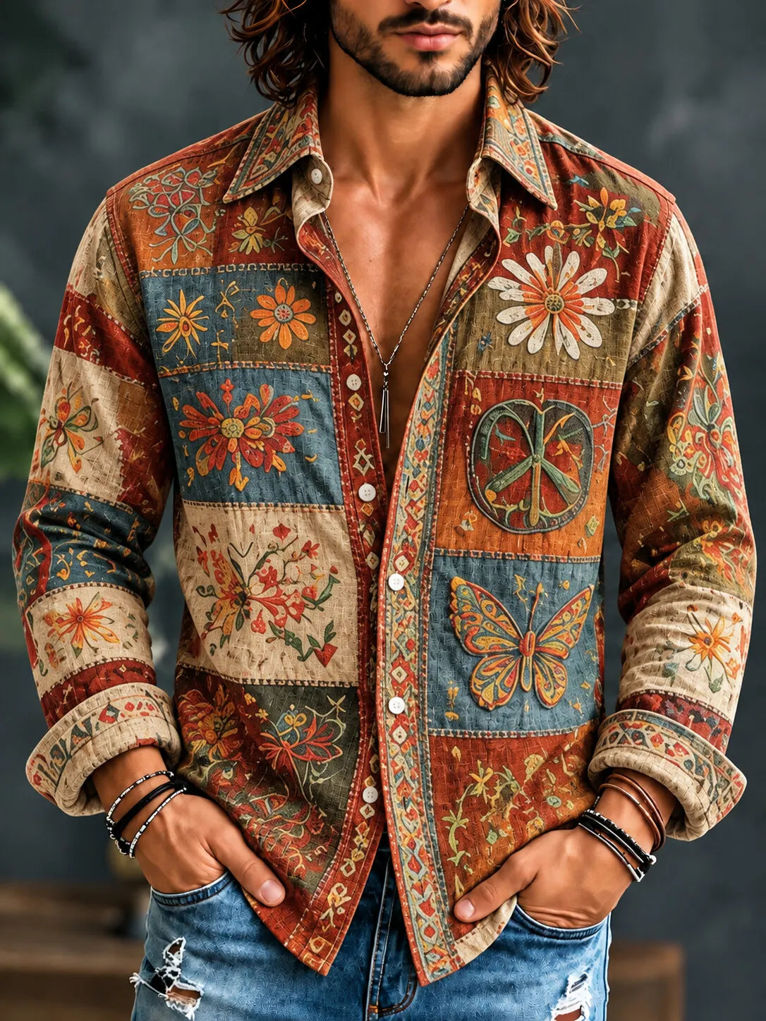 Men's Hippie Peace Sign Butterfly Floral Print Long Sleeve Shirt
