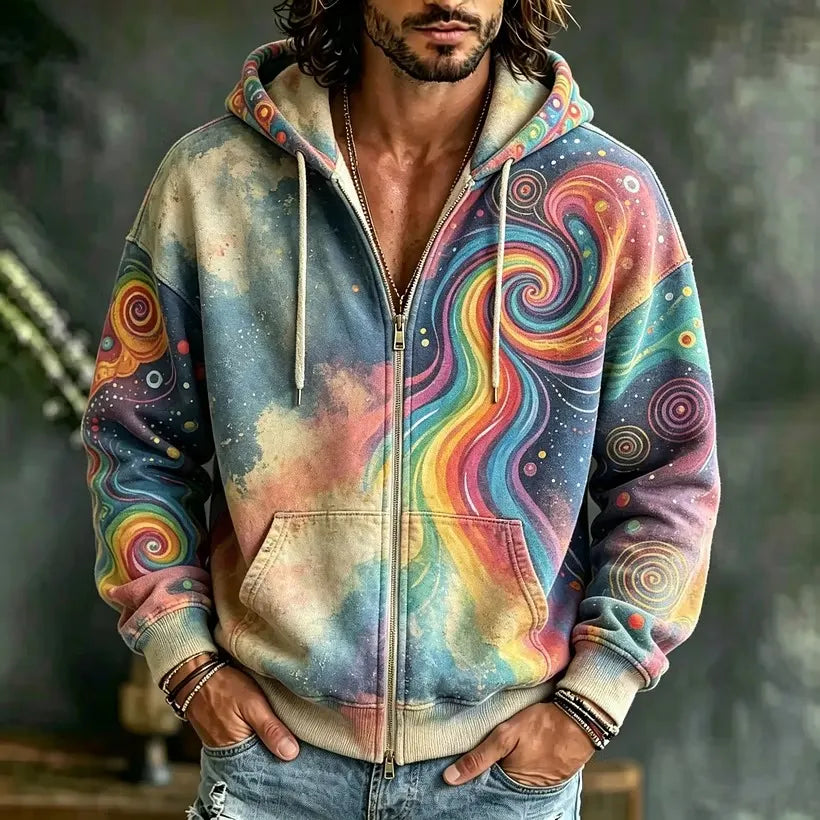 Men's Galaxy Rainbow Swirl Spiral Dot Motif Print Zipper Hoodies