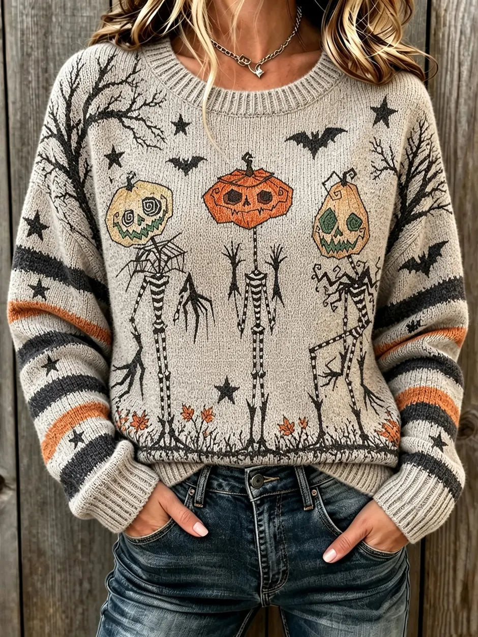 Women's Halloween Spooky Pumpkin Jacquard Knit Crewneck Sweater