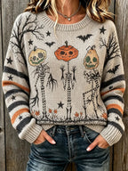Women's Halloween Spooky Pumpkin Jacquard Knit Crewneck Sweater