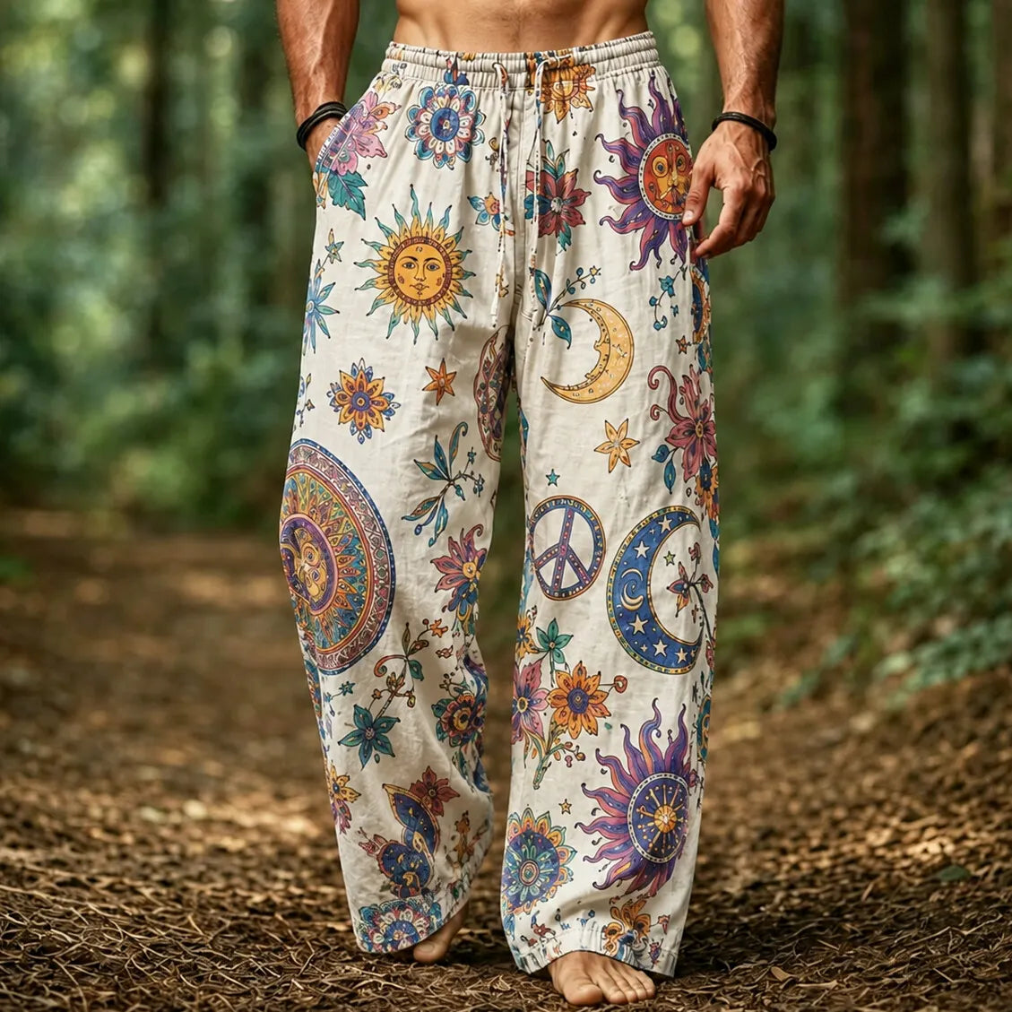 Men's Anthropomorphic Sun Moon Peace Symbol Mandala Blooms Print Casual Pants