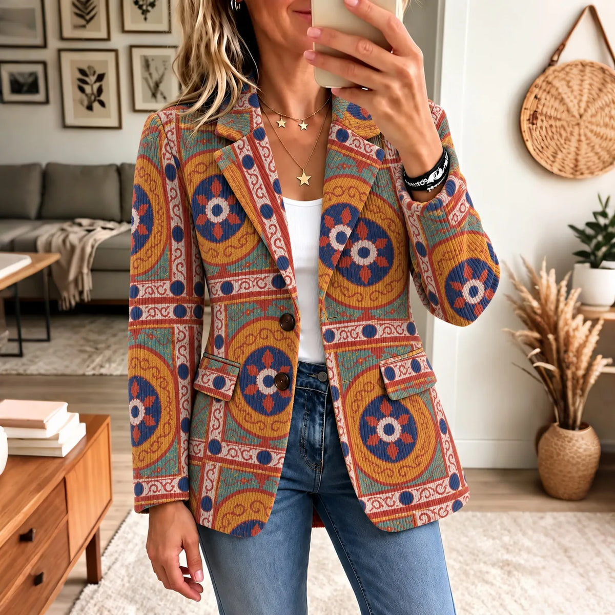 Women's Retro Multi-color Bohe Print Casual Corduroy Blazer