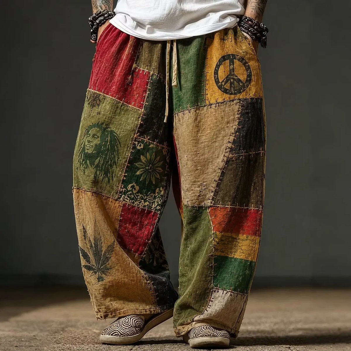 Men's Peace Symbol Patchwork Print Pants