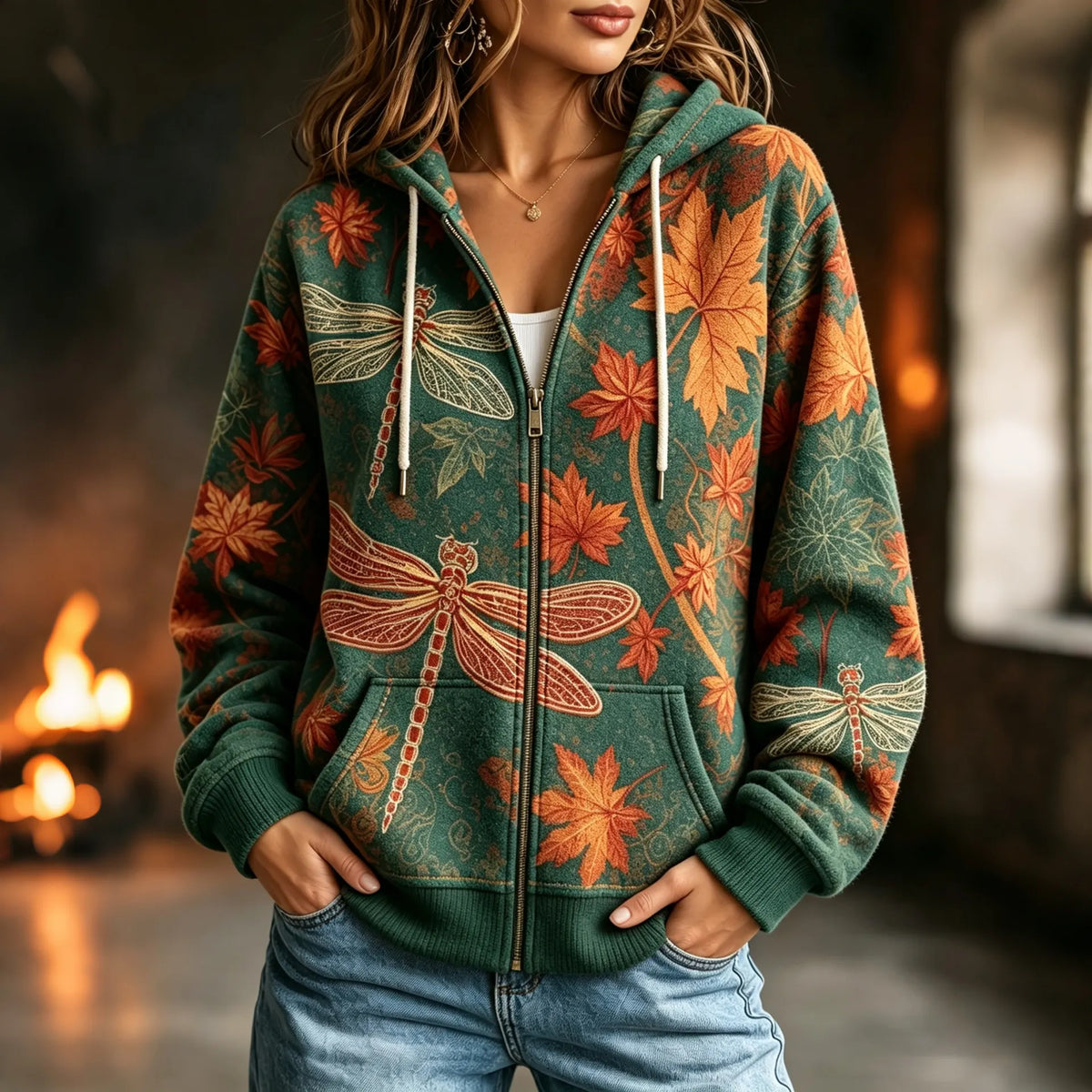 Women's Vintage Bohemian Fall Floral And Dragonfly Art Print Zipper Hoodie