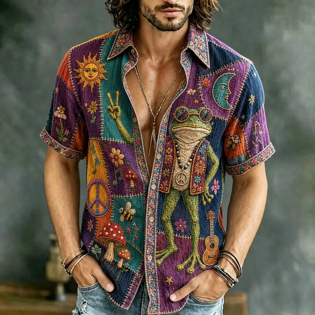 Men's Sunglasses Frog Guitar Musical Note Mushroom Print Short Sleeve Buttons Shirt