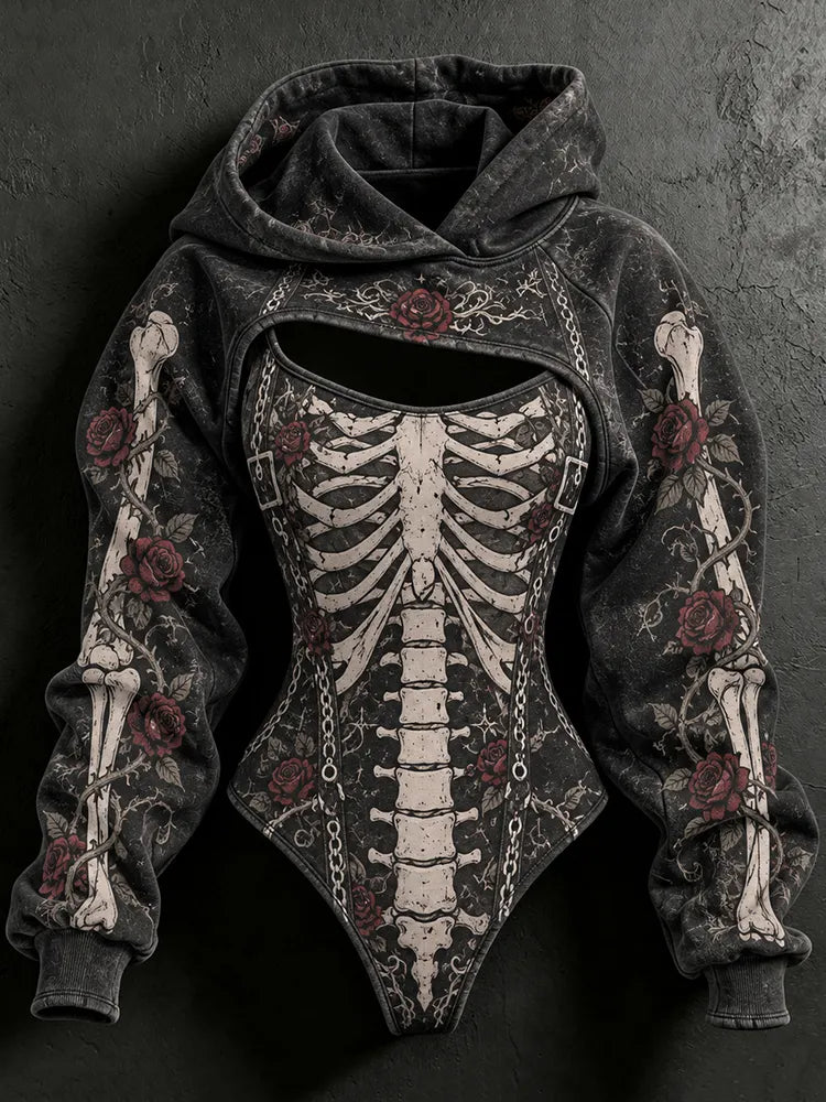 Women's Vintage Halloween Skeleton And Rose Art Print Hoodie Two Piece Set