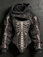 Women's Vintage Halloween Skeleton And Rose Art Print Hoodie Two Piece Set