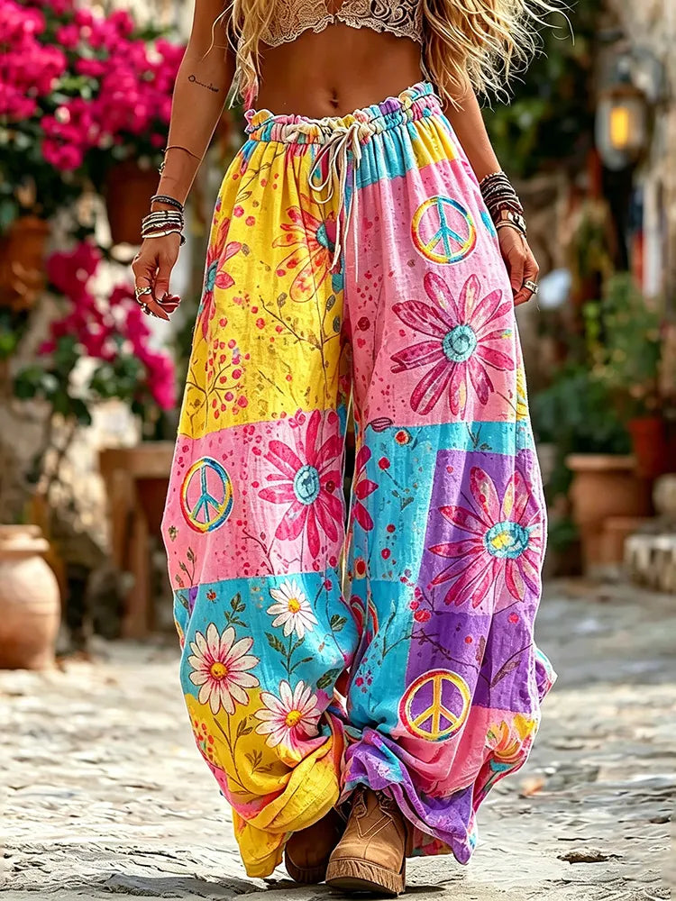 Women's Hippie Floral Pattern Art Embroidered Linen Blend Pants