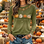 Women's Vintage Halloween Fall Heart In Skeleton Print Crew Neck Long Sleeve T-shirt