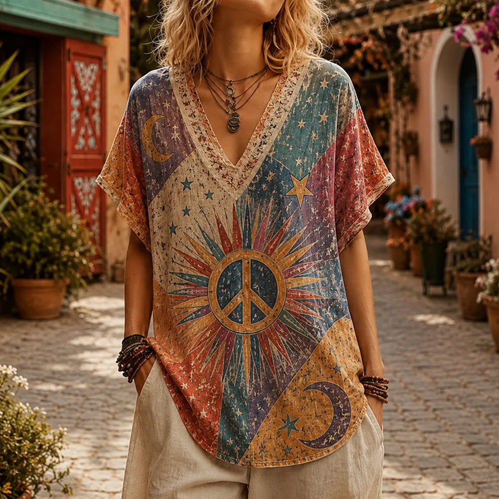 Women's Vintage Boho Sun, Moon & Peace Sign V-neck Short-sleeve Tee