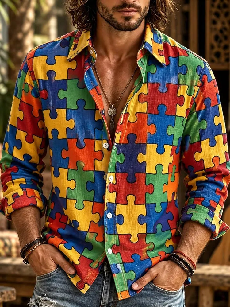 Men's Colorful Jigsaw Puzzle Print Long Sleeve Shirt