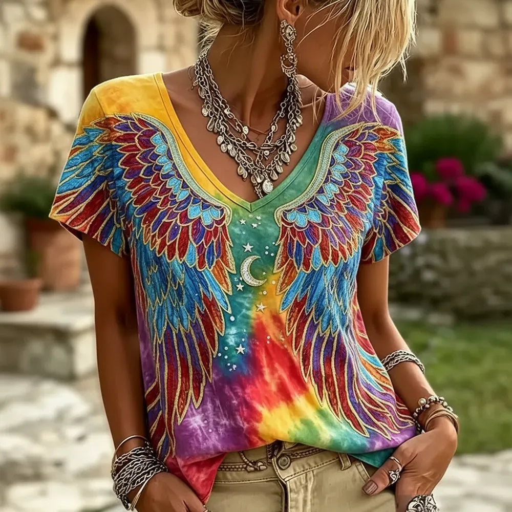 Women’s Vibrant Tie-dye Graphic Tee – Celestial Moon & Wing Design