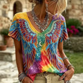 Women’s Vibrant Tie-dye Graphic Tee – Celestial Moon & Wing Design