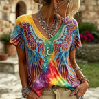 Women’s Vibrant Tie-dye Graphic Tee – Celestial Moon & Wing Design
