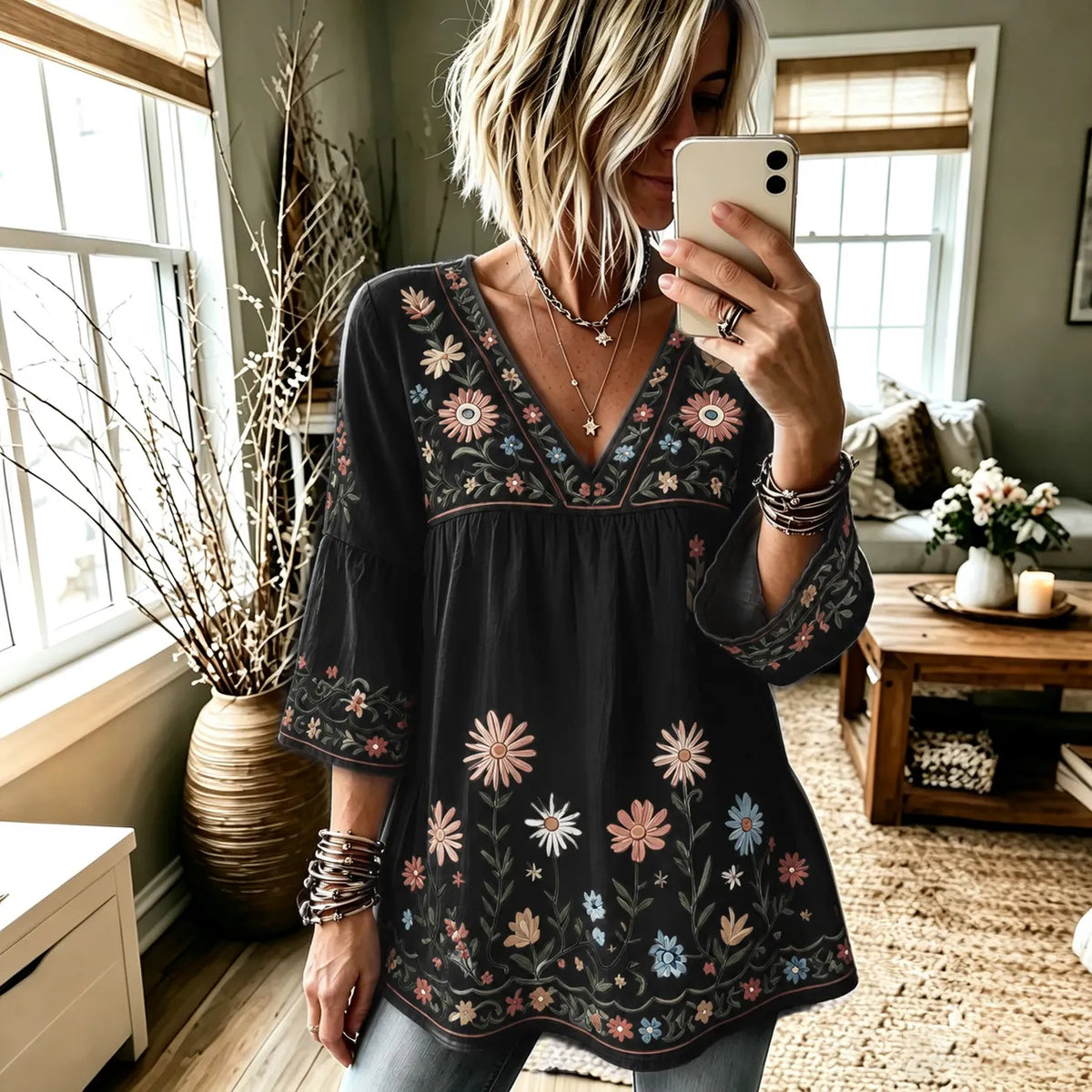 Women's Retro Hippie Floral And Dragonfly Art Flowy Linen Blend Three Quarter Sleeves T-shirt