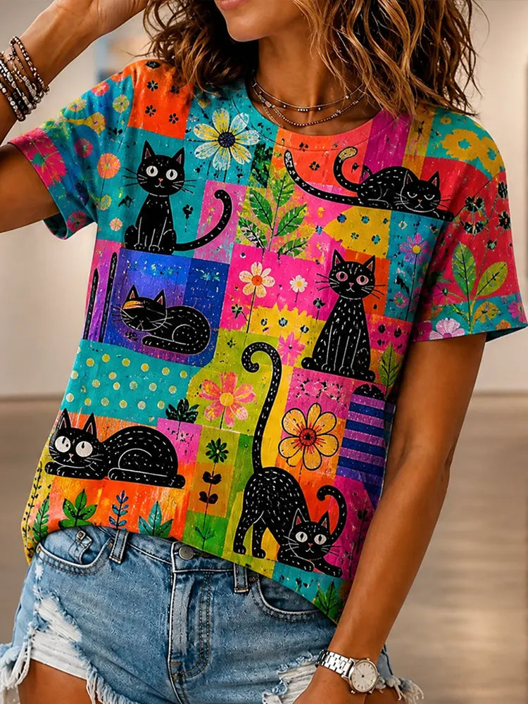 Women's Hippie Black Cat Crew-neck Short-sleeve Top
