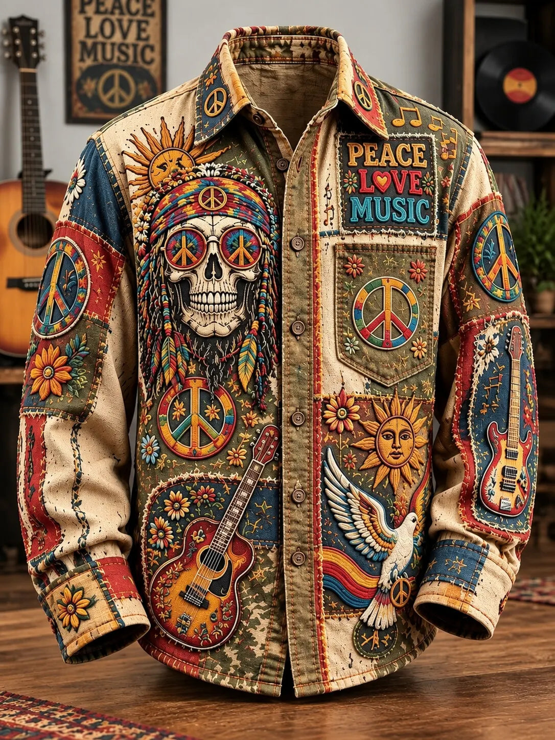 Men's Hippie Peace Love Music Text Skull With Peace Sunglasses Print Long Sleeve Pocket Shirt