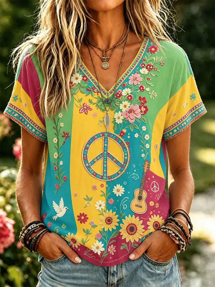 Women's Retro Hippie Floral Guitar Design Short-sleeve Linen T-shirt