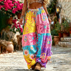 Women's Hippie Floral Pattern Art Embroidered Linen Blend Pants