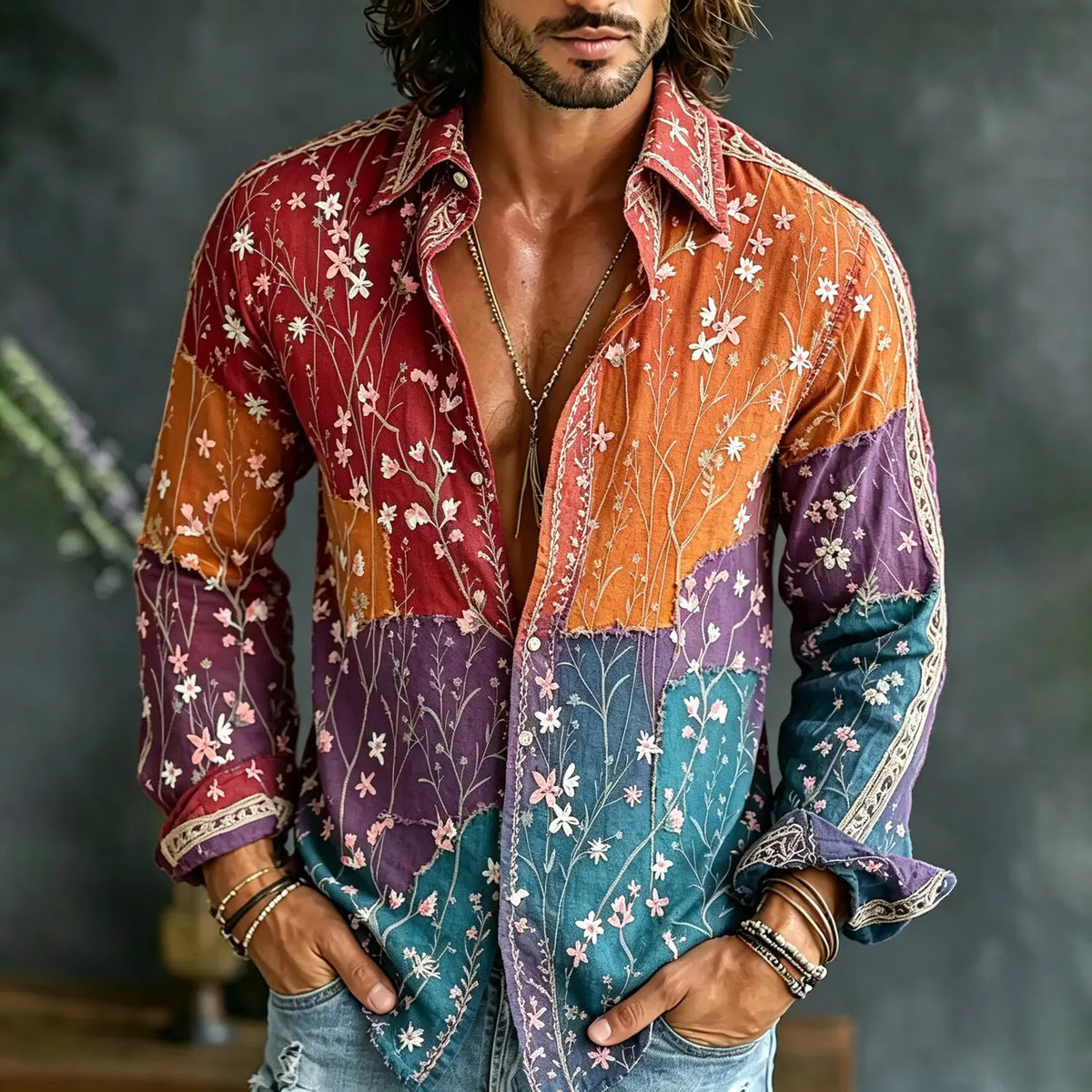 Men's Rural Patch Branch Bloom Print Shirt